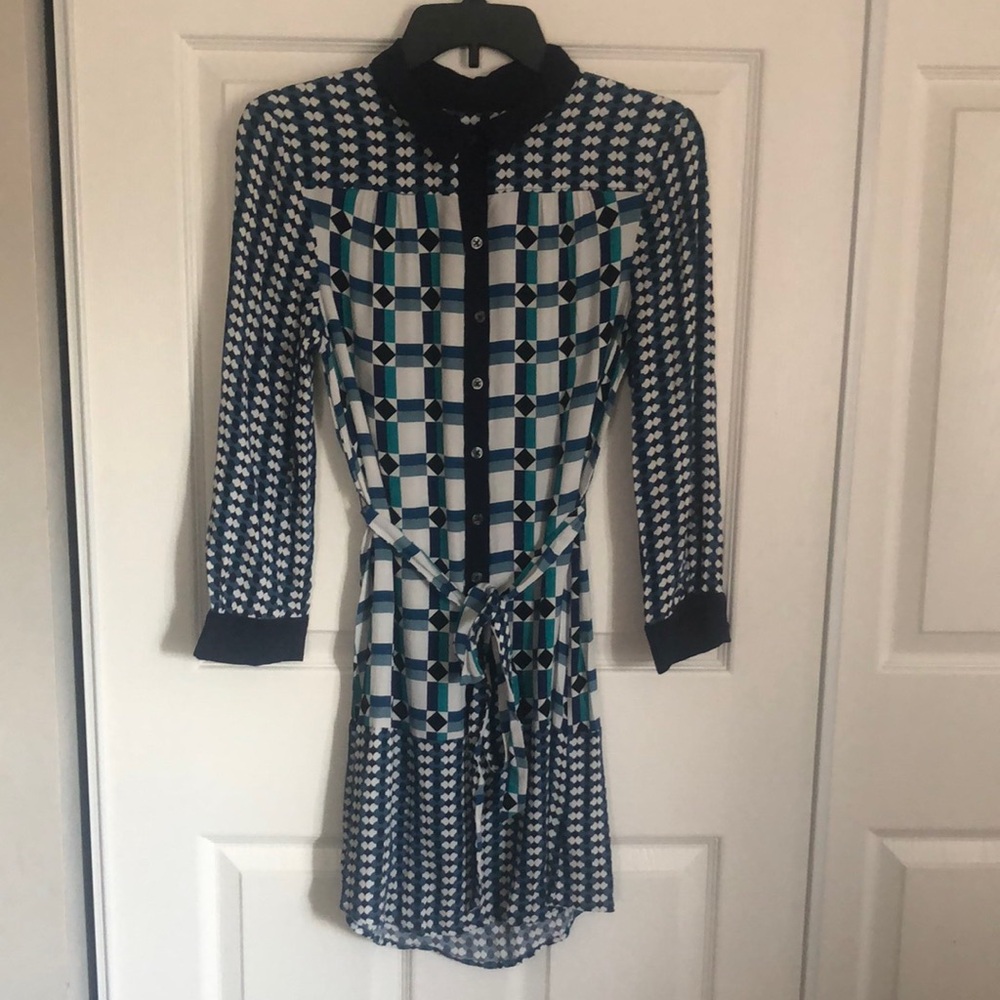 ANTHROPOLOGIE Maeve Mod Plaid Blue & White Belted Long Sleeve Shirt Dress Size 4